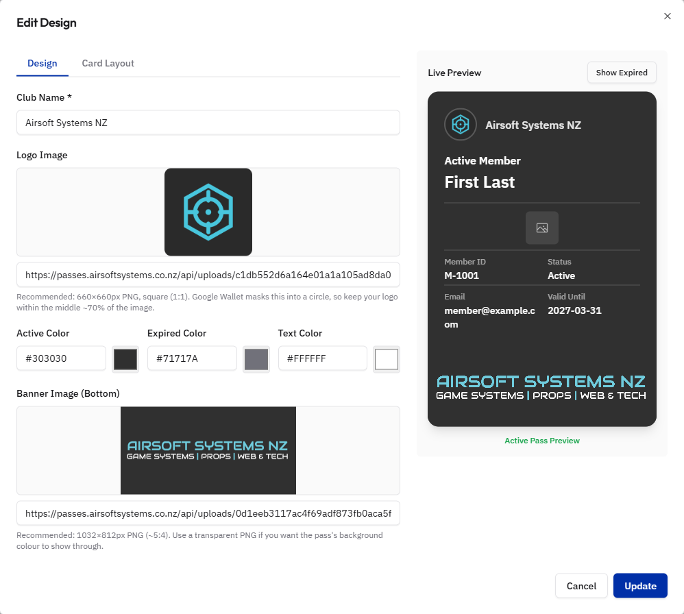 Club Pass design editor with club name, logo, colours and a live pass preview